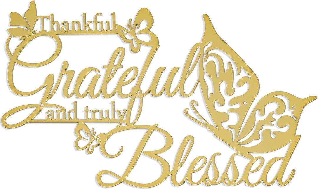 Thankful Grateful and Truly Blessed Art Word Wall Sign Decor, Metal Hanging Wall Home Decoration with Love Heart Butterflies, Iron Letters Sculpture Bedroom Living Room Kitchen (Golden)