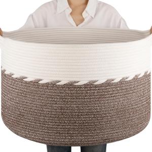 OIAHOMY 90L Blanket Basket for Living Room, Large Basket 23" x 23" x 13" with Handle, Laundry Hamper for Blankets, Pillows, Toy Storage for Kids, Dogs - Brown & White