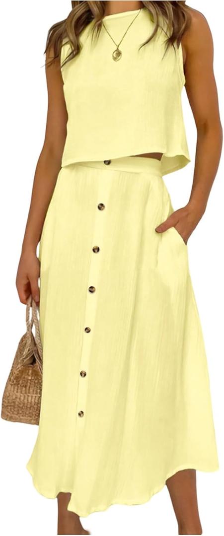 SOLY HUX Women's 2 Piece Skirt Sets Sleeveless Tank Tops and Button Front Skirt Summer Vacation Outfits Plain Yellow Large