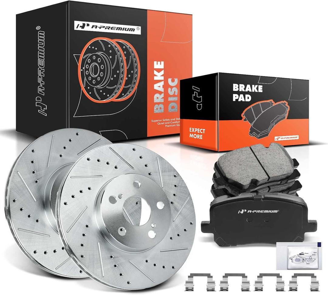 A-Premium 10.83 inch(275mm) Front Drilled and Slotted Disc Brake Rotors + Ceramic Pads Kit Compatible with Select Pontiac and Toyota Models - Corolla 2003-2008, Matrix 2003-2008, Vibe 2003-2008, 1.8L