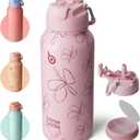 BOTTLE BOTTLE 32oz Insulated Water Bottle Stainless Steel Sport Water Bottle with Straw Dual-use Lid Design for Gym with Pill Box (Pink Flower)