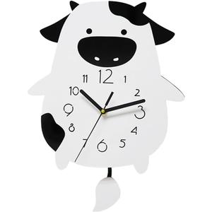 NOLITOY Wall Clock Creative Cow, Animal Acrylic Wall Clock with Swing Tail Pendulum Silent Non-Ticking Wall Clock for Living Room Bedroom Home Decor Battery Not Included