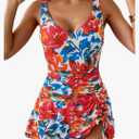One Piece Swim Dress Swimsuits for Women Tummy Control Swimdress Skirt V Neck Bathing Suit (Large)