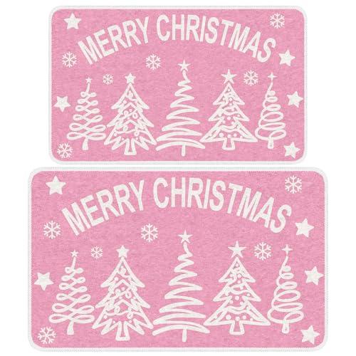 Dunzy 2 Pcs Pink Merry Christmas Rugs and Mats Set, Pink Christmas Rugs Doormat Decorations for Bathroom Washable Non Slip Welcome Floor Mat for Winter Holiday Xmas Home Kitchen Carpet Decorations