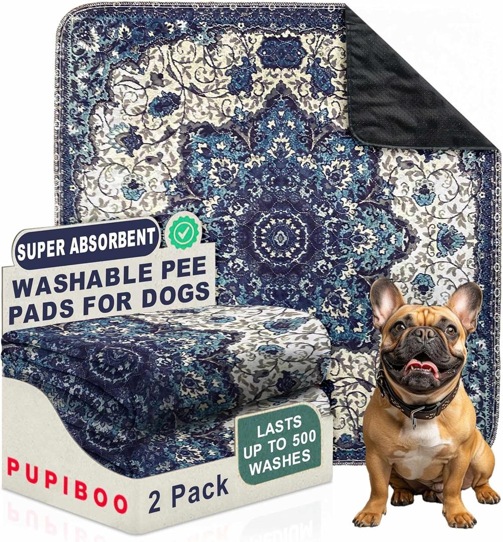PUPIBOO Washable Pee Pads for Dogs & Cats - Super Absorbent Reusable Puppy Training Pads - 100% Waterproof, Leak-Proof, Non-Slip Pet Pads for Housebreaking, Whelping & Indoor Floor Protection (54 x 54 Inch (Pack of 2), Blue Medallion)