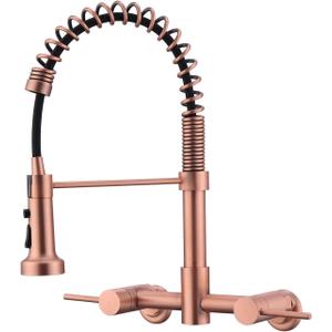 Fonveth Wall Mount Kitchen Faucet Copper Copper, 8 Inch Center Wall Mount 360 Rotation Kitchen Sink Faucet Rose Gold with Pull Down Sprayer with Sprayer, Red Copper