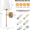 Bsmathom Wall Sconces Sets of 2, Hardwired Classic Brushed Brass Sconces Wall Lighting, Bathroom Vanity Light Fixture with Fabric Shade for Bedroom Living Room Hallway Kitchen, Gold