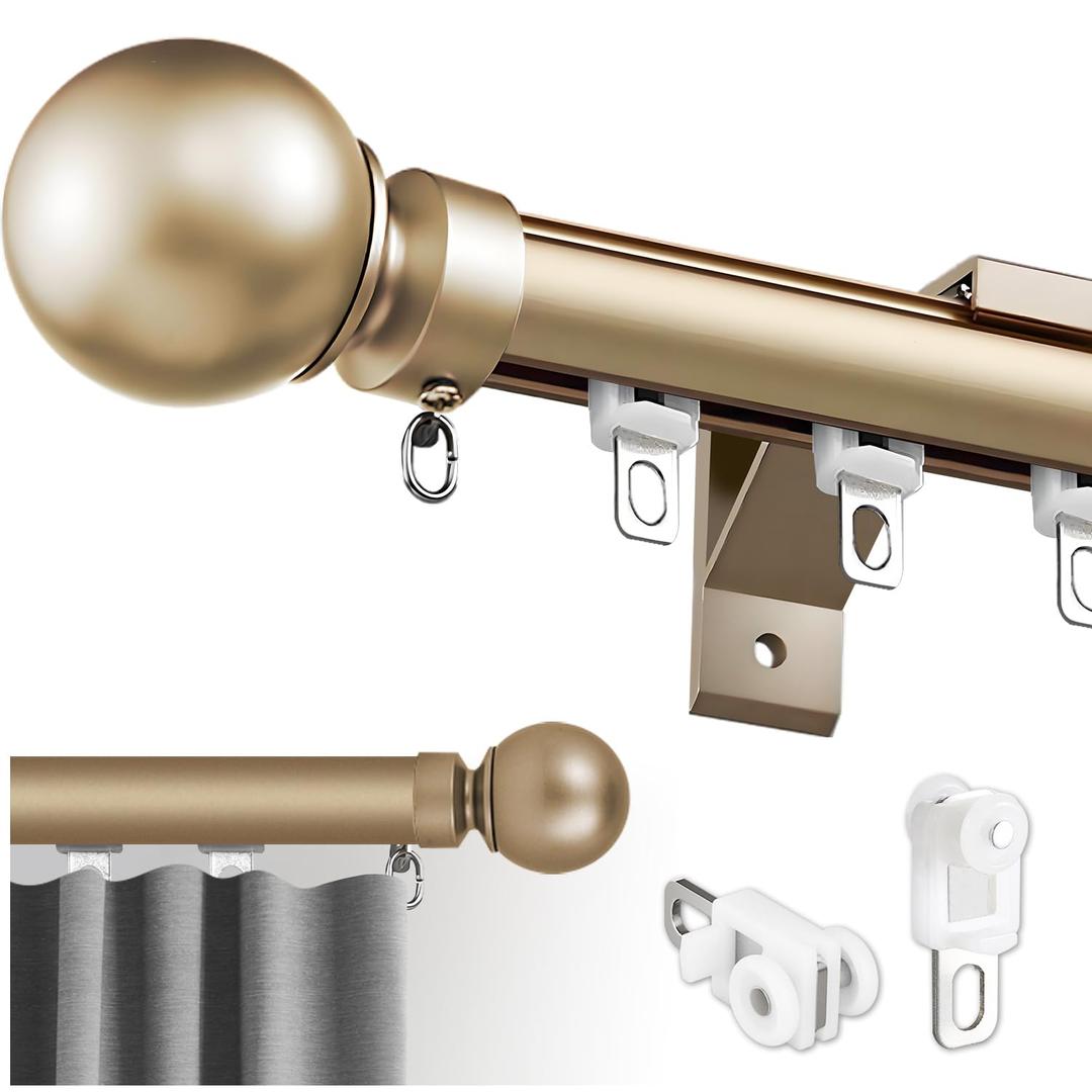 Single Curtain Track for Windows, Wall Mounted Heavy Duty Curtain Rail with Decorative Round Finials, Aluminum Brackets, Silent Easy to Install Track for Bedroom Living Room(Gold,3.5m(11.5ft))