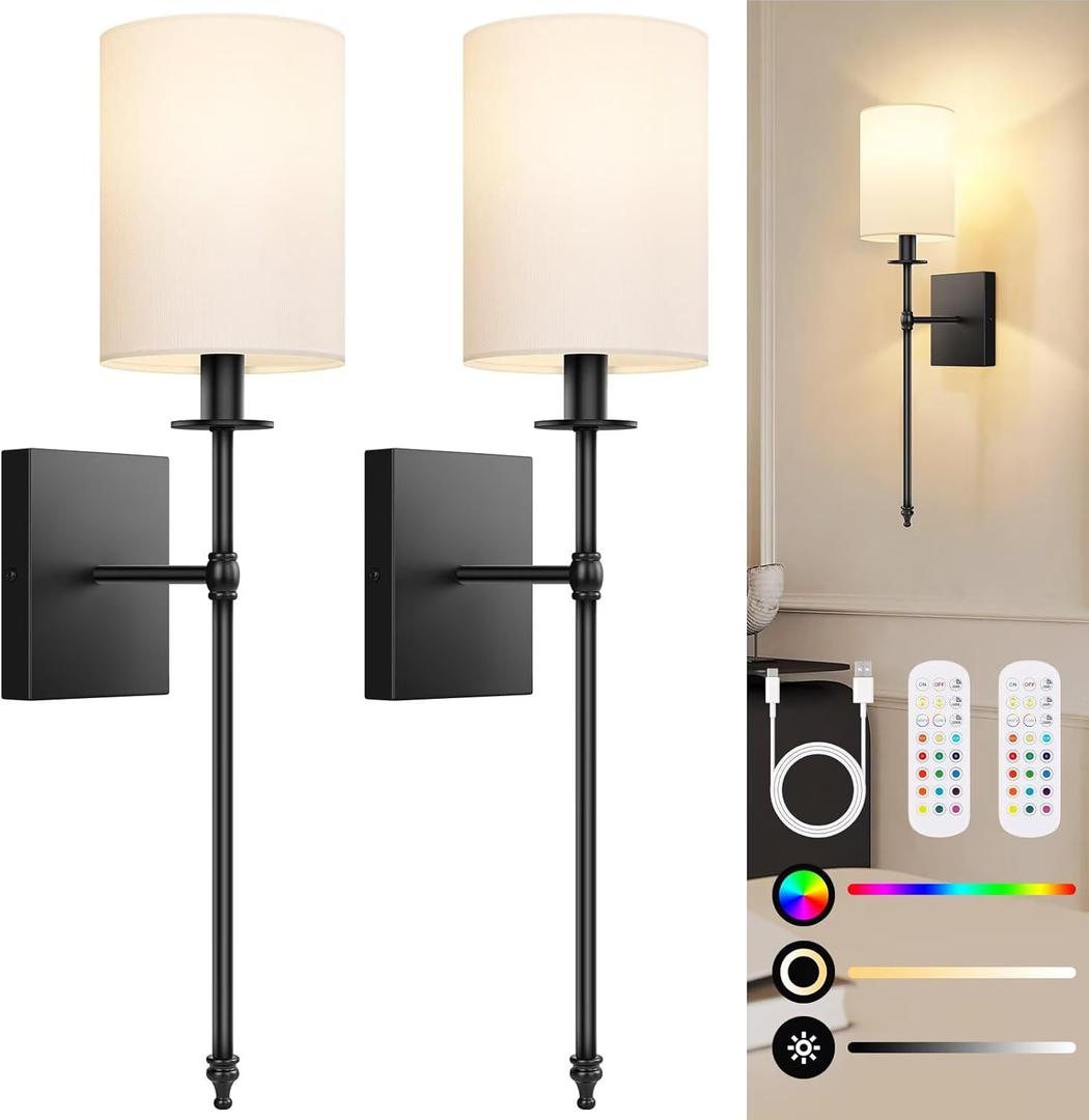 24.8 Inch Black Battery Operated Wall Sconces Set of 2, Rechargeable Wireless Wall Lights with Remote & White Fabric Shade, Indoor Not Hardwired Dimmable Wall Lamps For Bedroom, 2 Bulbs Included