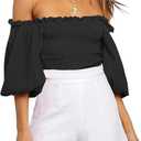 R.Vivimos Women's Summer Cotton Short Sleeves Off The Shoulder Crop Tops Ruffle Slim Blouses (Large, Black)