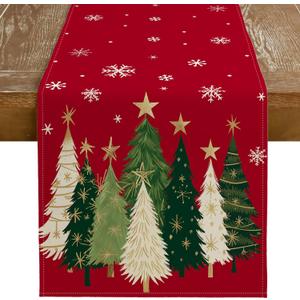 GEEORY Christmas Table Runner 13x108 Inch, Xmas Trees Snowflakes Holiday Decorative Farmhouse Table Decoration for Kitchen Dinning, Indoor Outdoor Dinner Party Decor (Red) GT150-108