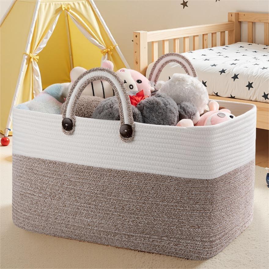 OIAHOMY 75L Large Blanket Basket, 22x17x12 Rectangle Woven Baskets For Storage, Nursery Blanket Storage Living Room, Toy Box With Long Handle-Gradient Brown With White