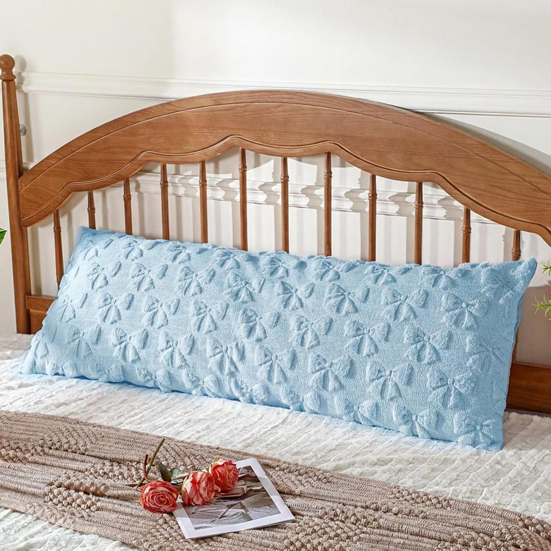 Blue Bow Body Pillow Cover 20 x 54 Inches Coquette Long Body Pillowcase with Zipper Closure Coquette Room Decor Cute Faux Fur Soft Aesthetic Pillow Covers for Bed Sofa Couch