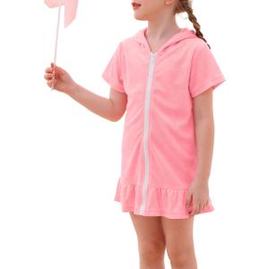 Swim Cover Up Girls Multicolor Short Sleeve Ruffle Bathing Suit Hooded Zip-Up Terry Swimsuit for Toddler Kids (6-7 Years, Pink)
