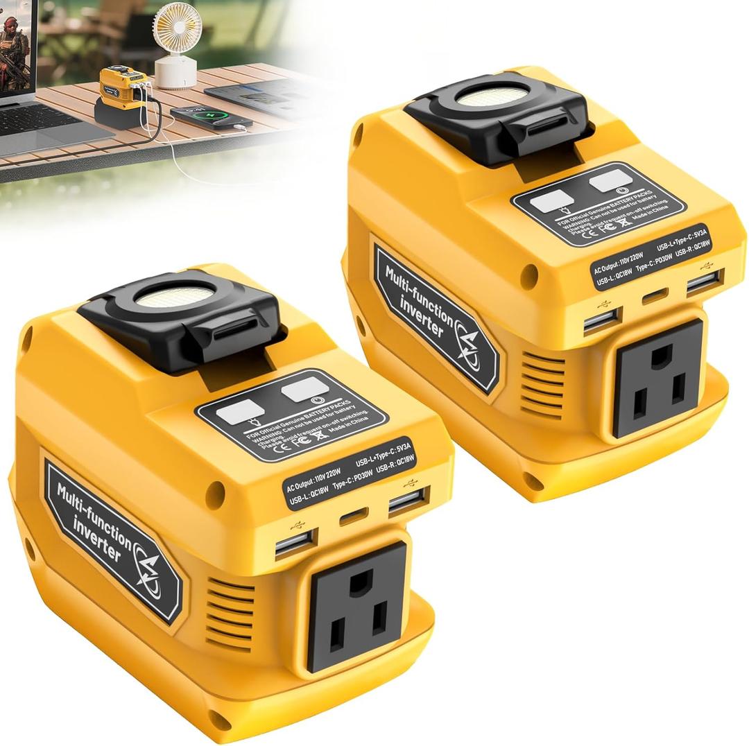 2 Packs 220W Power Inverter Compatible with Dewalt 20V Battery (Battery Not Included), DC 20V to AC 110V Portable Power Station, 400LM LED Light, 1 AC Outlet, 2 USB & 1 TypeC Fast Charging (Yellow)