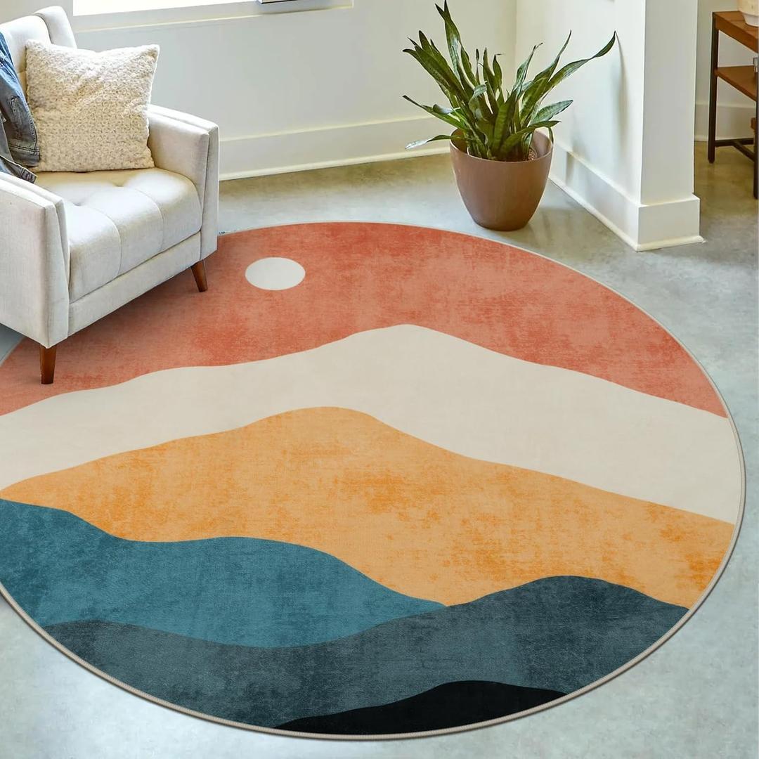 Abstract Round Rug for Bedroom 4ft, Faux Wool Soft Area Circle Area Rug, Boho Washable Low Pile Classroom Rugs, Carpet for Living Room Sofa Bathroom Nursery Kids Room Decor (Multi Color)