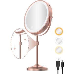 9" Lighted Makeup Mirror with 1X 10x Magnification, 5000mAh Rechargeable Led Magnifying Vanity Mirror with Lights, 3 Lighting Color, Dimmable and Height Adjustable Cordless Cosmetic Mirror Rose Gold