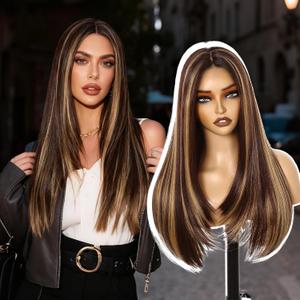 Worldnewhair Honey Brown Synthetic Lace Front Wig 13x4 HD Highlight Wigs for Women Pre Plucked 26 Inch Long Straight layered Wig for Daily