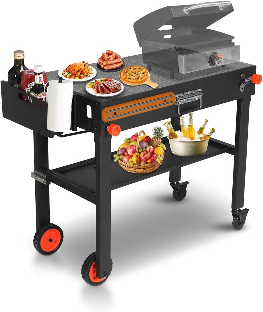 Rolling Grill Cart with Spice Rack, Blackstone Stand for 17"& 22" Griddle, Grill Stand with Storage Shelf, Griddle Table for Ninja, Weber, Portable Grills Table for Patio, Backyard, Camping