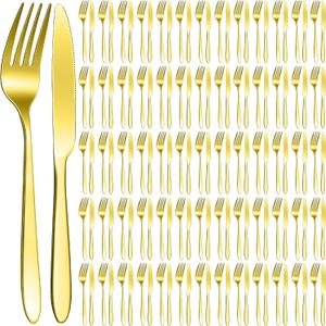 Nuenen 150 Pcs Stainless Steel Set Include 75 Dinner Forks and 75 Knives, Metal Steak Knives Forks Flatware Tableware Cutlery Set for Home Restaurant Hotel, Mirror Polished, Dishwasher Safe (Gold) (8.4 x 0.7 Inch,7.1 x 1 Inches)