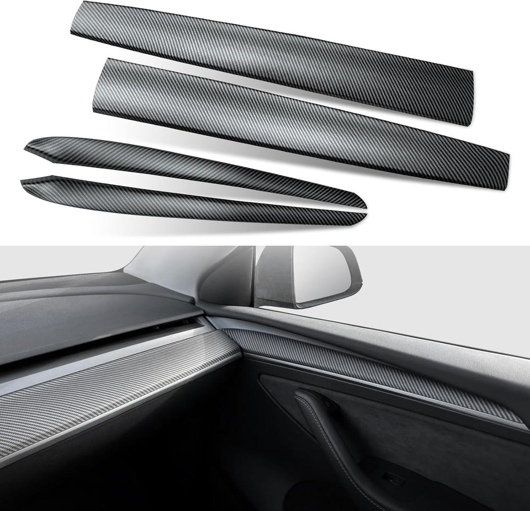 Dashboard Cover Wrap and Front Door Trim Armrest Panel Cover Wrap Compatible with Tesla Model 3(2021-2023) and Model Y(2019-2024) Tesla Interior Cover Trim 4PCS-Matte Carbon Fiber
