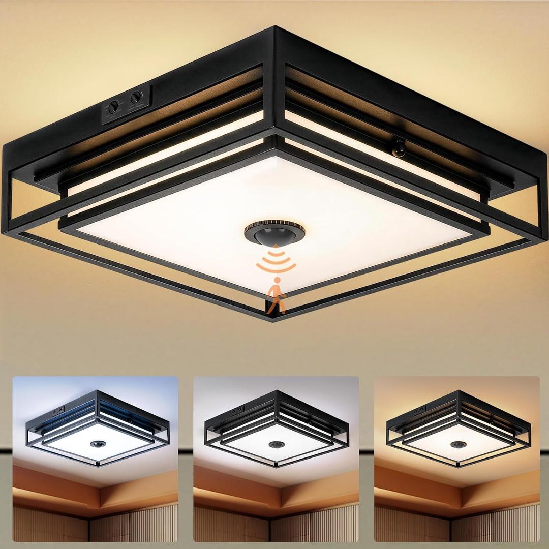 Large LED Motion Sensor Outdoor Ceiling Light 13" Square Flush Mount Lights