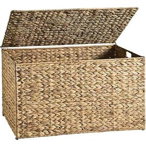 Storage Basket with Lid, Natural Wicker Basket with Lid, Woven Storage Bin with Handles, Foldable, Metal Frame, for Bedroom, Laundry Room, Living Room 16x11ft