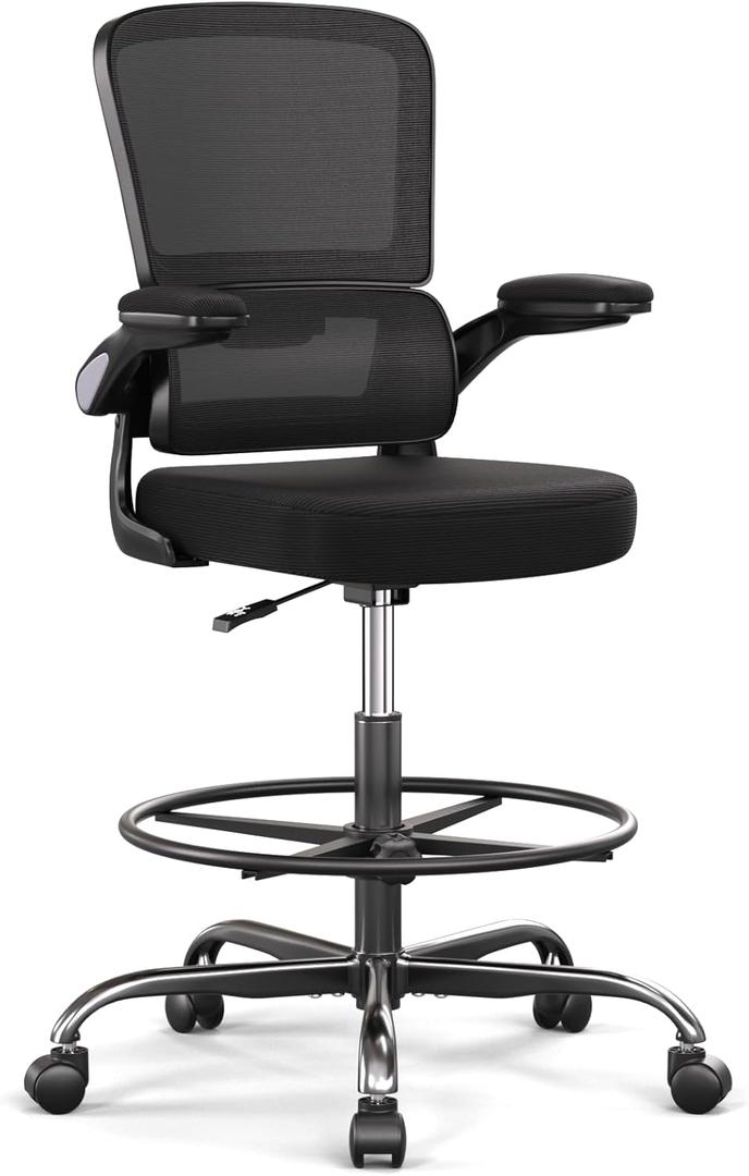 Ergonomic Drafting Chair with Footrest,Tall Office Chair for Standing Desk with Flip-up Armrests with Breathable Comfy Mesh Support and Adjustable Foot Rest Ring(Black)