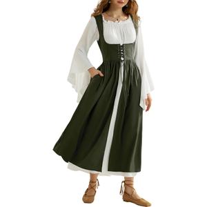 Renaissance Costume Women Medieval Costume Irish Set Dress Long Sleeve Peasant Dress Green L