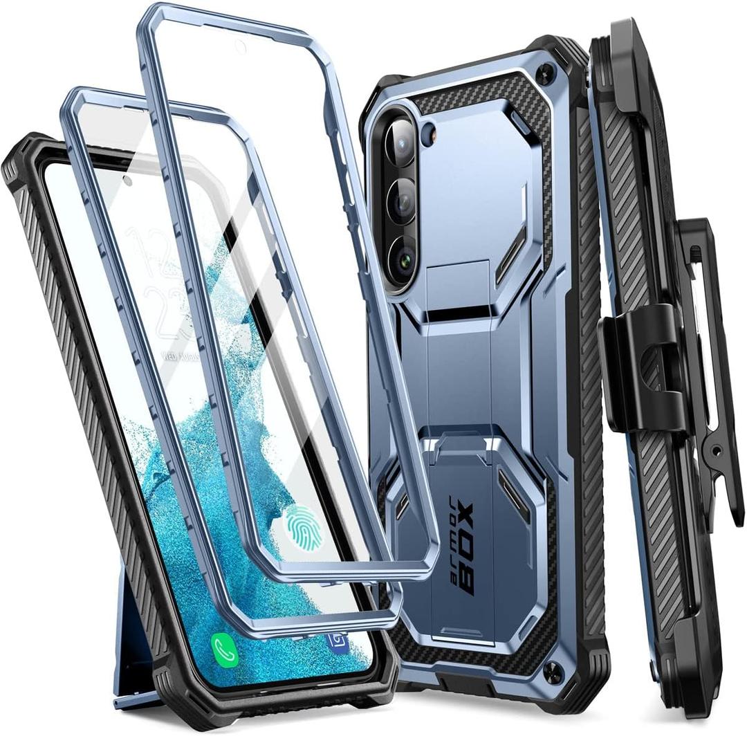 i-Blason Armorbox for Samsung Galaxy S23 Case with Stand & Belt-Clip [Built-in Screen Protector] [2 Front Frames] [Military-Grade Protection] Full-Body Rugged Bumper Case with Kickstand (Blue)