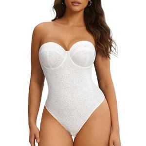 Nebility Strapless Shapewear for Women - Thong Bodysuit Tummy Control Lace Corset Tops Underwire with Removable Strap Large