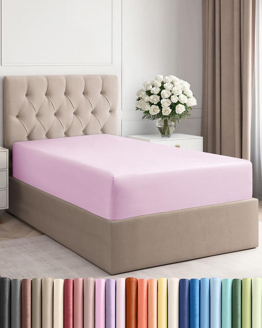 Twin Fitted Bed Sheet - Bottom Single Fitted Sheet Only - Soft Hotel Luxury Bedding w/ 8-16 Inch Deep Pockets - Breathable, Cooling & Wrinkle Free - Easy-Care, Fade and Shrink Resistant - Light Pink