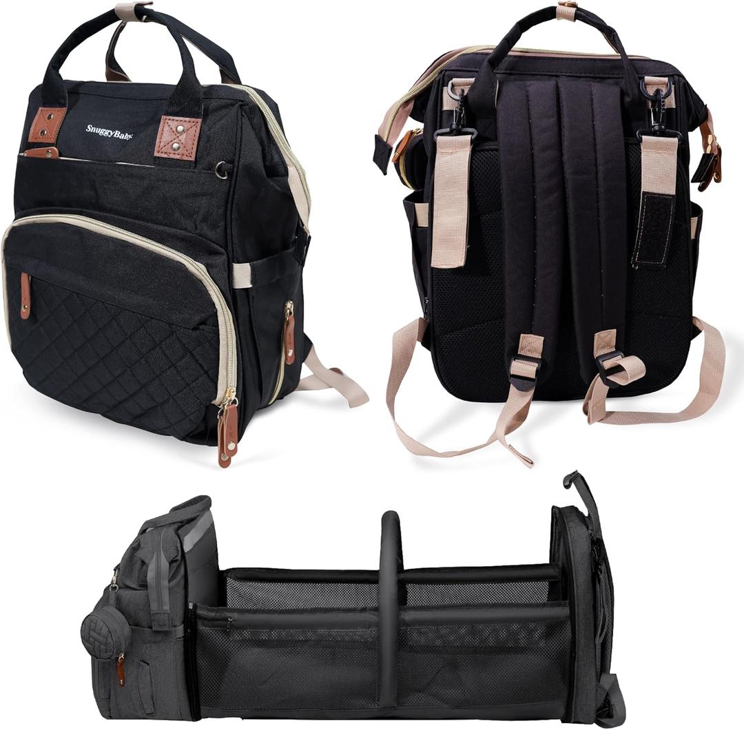 SNUGGY BABY Diaper Bag with Changing Station, Diaper Backpack with Changing Pad, Portable Diaper Organizer, Insulated Bottle Holders, Large Capacity, Water-Resistant Travel Bag (Black)