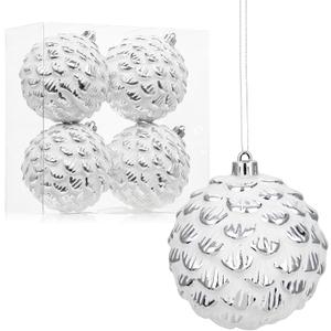 Briful 100mm/4 Rustic Large Christmas Ball Ornaments 4PCS White and Silver Textured Vintage Xmas Balls Decorative Baubles for Christmas Tree Wreath Garland Holiday Farmhouse Home Decor