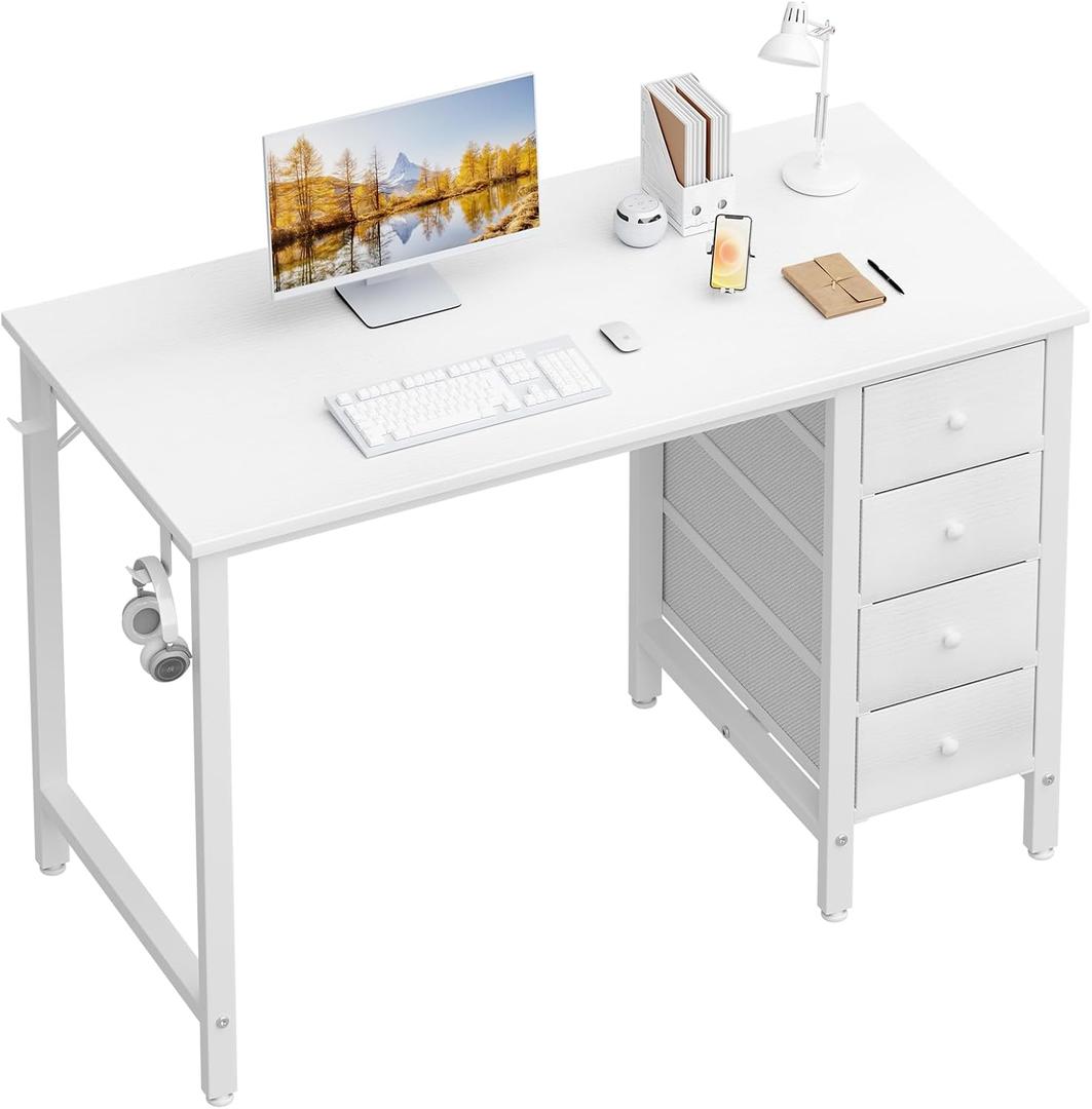Lufeiya Small White Desk with Drawers for Bedroom, 40 Inch Kids Girls Study Desks, Reversible Computer Writing Nail Table with Fabric Drawer for Small Spaces Home Office Manicure