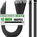 Metal Zip Ties 100 Pack 12 Inch, 304 Stainless Steel 300LBS Heavy Duty Zip Ties Black - Self-Locking Cable Ties for Exhaust Wrap，Chain Link Fence Parts, Outdoor Farms,Pipes