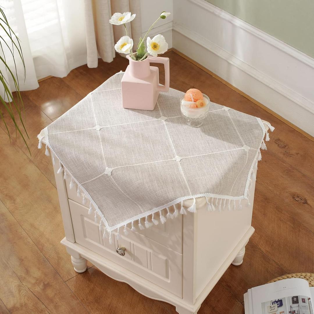 Square Small Bedside Tablecloth Cotton Linen Light Brown Lattice Dust-Proof Washable Table Cover Boho Farmhouse Table Cloth for Nightstand Kitchen Dining Tabletop Decoration 24 x 24 Inch