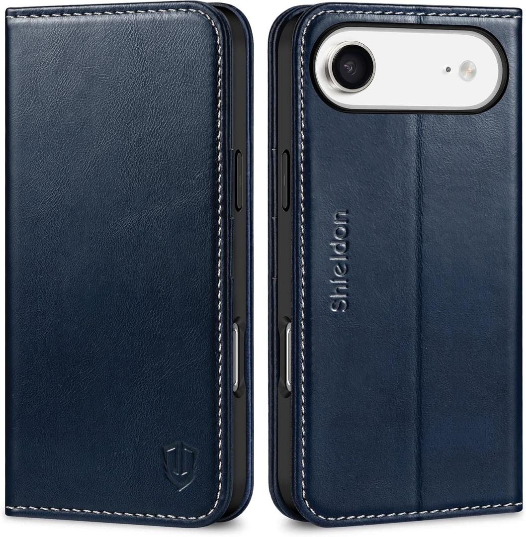 SHIELDON Genuine Leather Case Wallet for iPhone Air 6.5", Retro Dark Blue | Magnetic Closure, RFID Blocking, Credit Card Holder, Kickstand, Folio Design, Soft TPU Shockproof Phone Cover