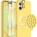 Magnetic for iPhone 16 Case, Compatible with Magsafe, Suction Cup Phone Mount, [2 Screen Protectors][Camera Lens Protector] Silicone Shockproof Protective Slim Phone Cover 6.1", Yellow