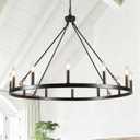 Black Wagon Wheel Chandelier 38 inch,12-Light Farmhouse Wagon Wheel Chandeliers Round Industrial Ceiling Rustic Country Light fixtures for Outdoor Porch high Ceilings Living Dining Room Foyer Entryway