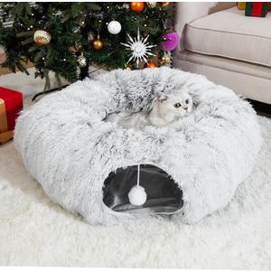 Cat Tunnel Bed for Indoor Cats, Under Christmas Tree Skirt, Donut Tunnel Toys for Multiple & Large Cats, Bed Cave Hideaway for Kitten, Rabbit, Puppy, Gray