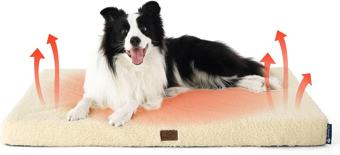 Bedsure Self Warming Dog Bed for Large Dogs - Orthopedic Waterproof Puppy Beds with Removable Washable Cover, Egg Crate Foam Pet Mat, Suitable for Pet Up to 65 lbs (36.0"L x 27.0"W x 3.0"Th, Ashen Cream)