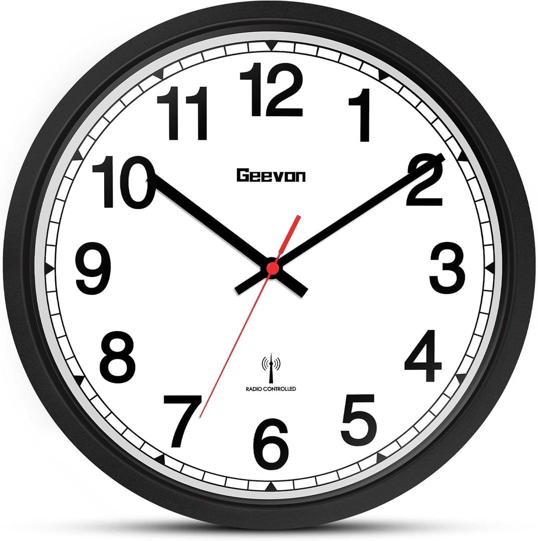 Geevon Atomic Wall Clock, 12" Sets Automatically Wall Clock Battery Operated with AUTO DST, Easy to Read Atomic Analog Clock for Kitchen/Office/Classroom/Living Room(Black)