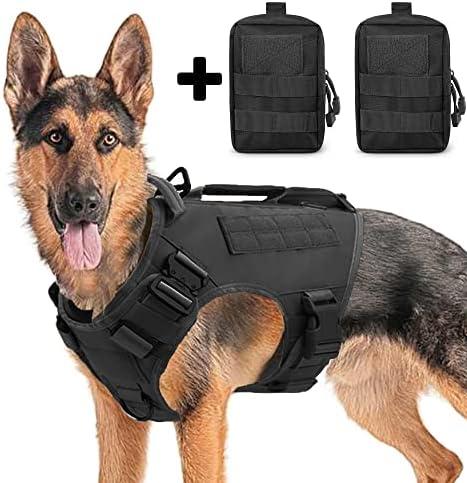 Tactical Dog Backpack Harness for Large Breed Original Design Metal Buckle Vest with Side Bags Pouches for Service Working Training (Black (with 2 Pouches), L)