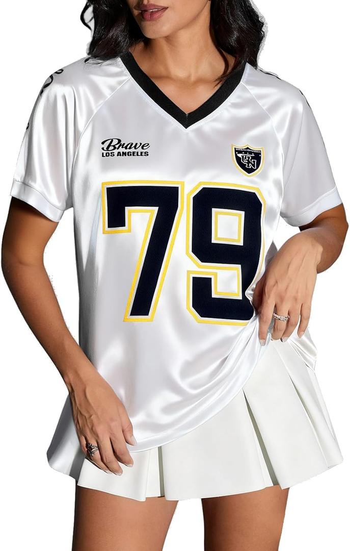 Football Jersey Women V-Neck Game Day Shirt Football Team Fans T Shirts Striped Graphic Tee Casual Short Sleeve Top (L)