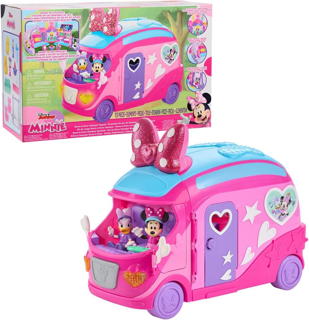 Disney Junior Minnie Mouse Bows-A-Glow Rolling Glamper 13-piece Figures and Playset, Kids Toys for Ages 3 Up, (25.4)