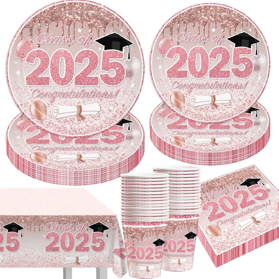 Pink Graduation Decorations Class of 2025, Pink Rose Gold Graduation Party Disposable Paper Plates Napkins Cups Tablecloth for 2025 Graduate Party Decorations Supplies Set, Serve 30