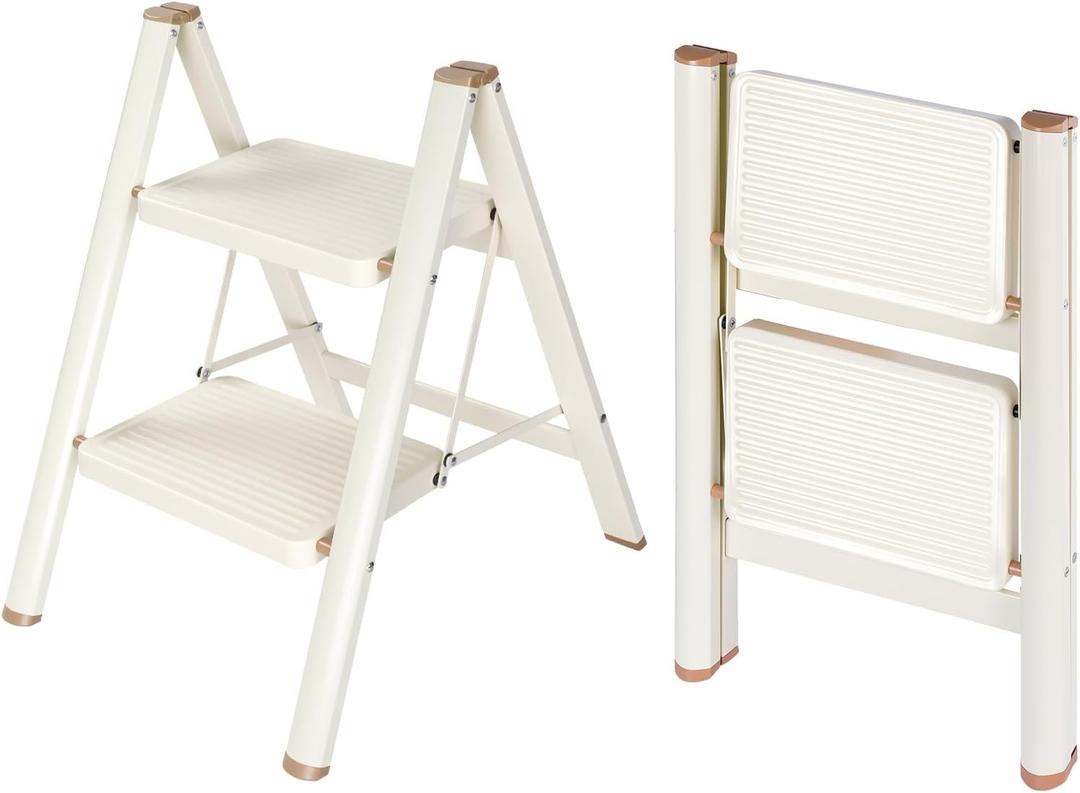 Valeo 2 Step Ladder,Lightweight Folding Step Stool with Wide Anti-Slip Pedal, 330LBS Capacity, Heavy Duty,Sturdy Iron Metal Step Stool for Home, Kitchen, Closet, Adults, Cream White