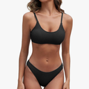 Fanuerg Women's Ribbed Bikini Sets Scoop Neck Cheeky Swimsuit Textured Two Piece Bathing Suit (Black, Medium)