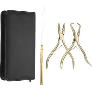 HARFINGTON Hair Extension Beading Tool Kit Stainless Steel Hair Extensions Micro Link Bead Closer and Remover Pliers Micro Ring Loop Needle Pulling Hook Bead Device Tool Kits, Gold Tone
